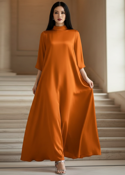Satin Kleid - Satin Maxikleid Elegant - VONDA Orange Stehkragen - Ansicht 1