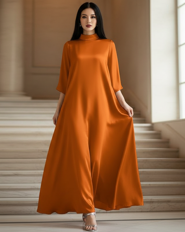 Satin Kleid - Satin Maxikleid Elegant - VONDA Orange Stehkragen - Ansicht 1