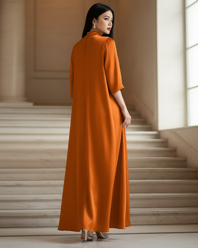 Satin Kleid - Satin Maxikleid Elegant - VONDA Orange Stehkragen - Ansicht 2