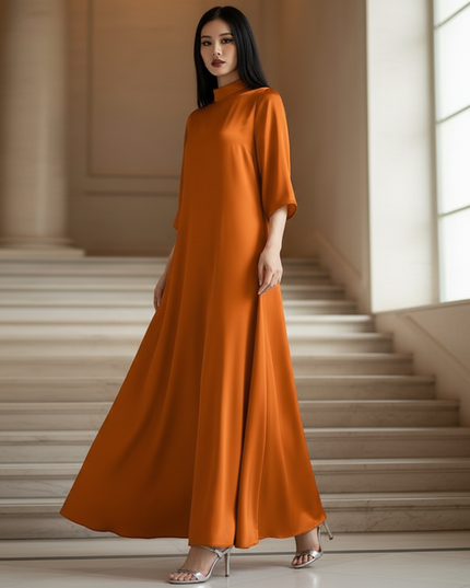 Satin Kleid - Satin Maxikleid Elegant - VONDA Orange Stehkragen - Ansicht 3