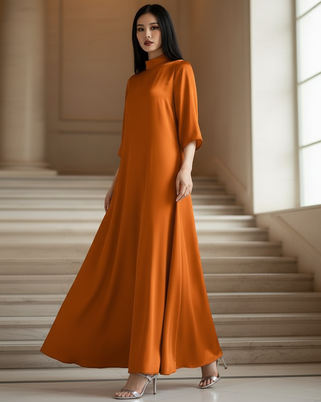 Satin Kleid - Satin Maxikleid Elegant - VONDA Orange Stehkragen - Ansicht 3
