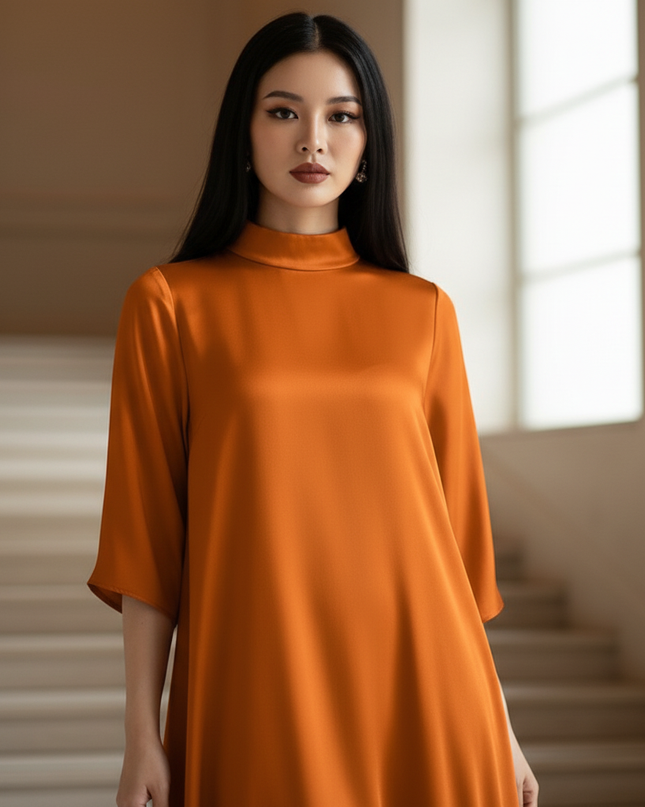 Satin Kleid - Satin Maxikleid Elegant - VONDA Orange Stehkragen - Ansicht 4