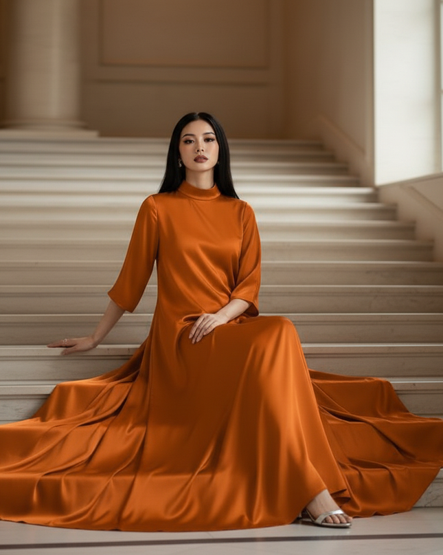 Satin Kleid - Satin Maxikleid Elegant - VONDA Orange Stehkragen - Ansicht 5