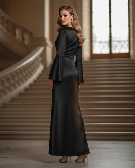 Satin Kleid - Satin Maxikleid Figurbetonend Schwarz - V-Neck Maxi - Ansicht 2