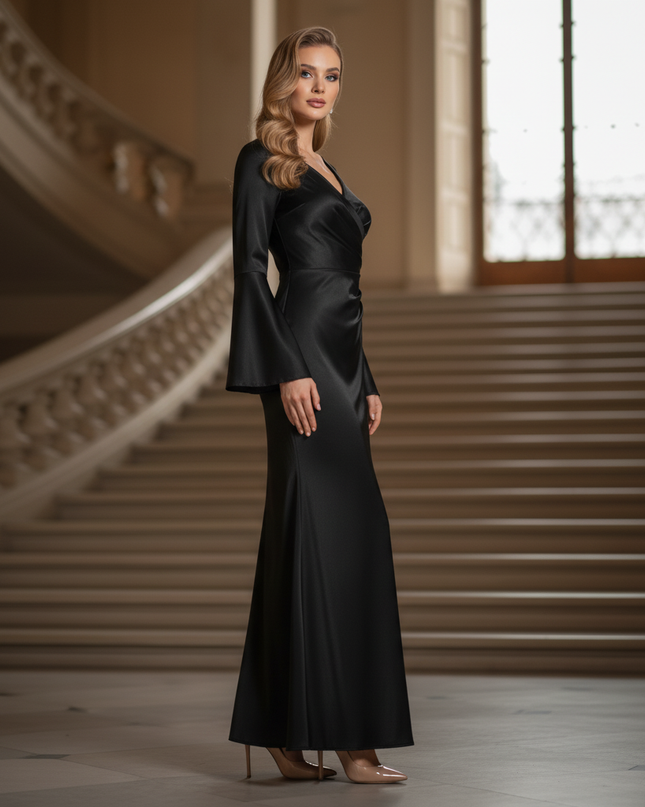 Satin Kleid - Satin Maxikleid Figurbetonend Schwarz - V-Neck Maxi - Ansicht 3