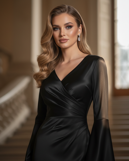 Satin Kleid - Satin Maxikleid Figurbetonend Schwarz - V-Neck Maxi - Ansicht 4