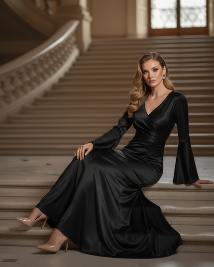 Satin Kleid - Satin Maxikleid Figurbetonend Schwarz - V-Neck Maxi - Ansicht 5