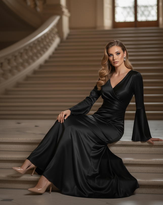 Satin Kleid - Satin Maxikleid Figurbetonend Schwarz - V-Neck Maxi - Ansicht 5