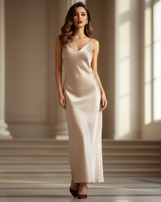 Satin Kleid - Satin Maxikleid Figurbetonend - Champagner Slip Dress - Ansicht 1