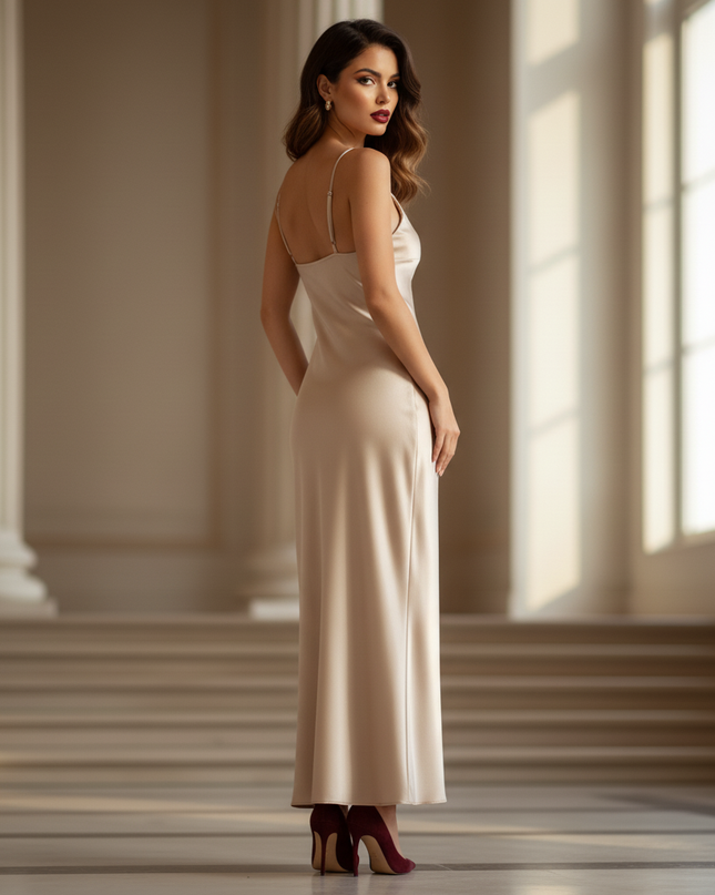 Satin Kleid - Satin Maxikleid Figurbetonend - Champagner Slip Dress - Ansicht 2