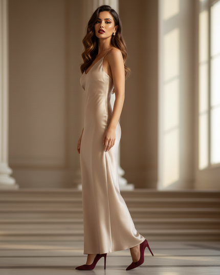 Satin Kleid - Satin Maxikleid Figurbetonend - Champagner Slip Dress - Ansicht 3