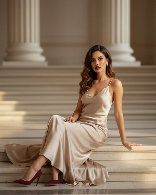 Satin Kleid - Satin Maxikleid Figurbetonend - Champagner Slip Dress - Ansicht 5