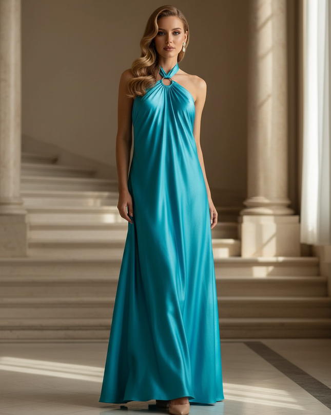 Satin Kleid - Satin Maxikleid Halter Blau - Hollow Neck Maxi - Ansicht 1
