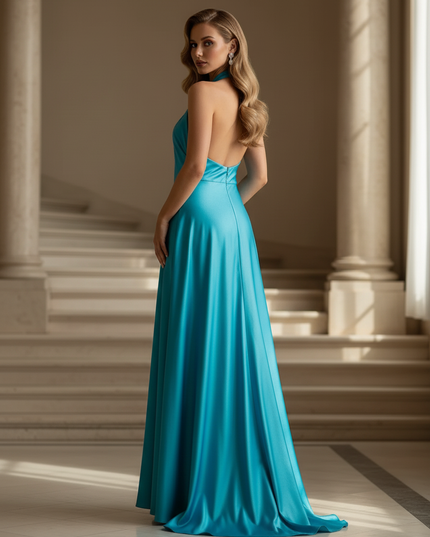 Satin Kleid - Satin Maxikleid Halter Blau - Hollow Neck Maxi - Ansicht 2