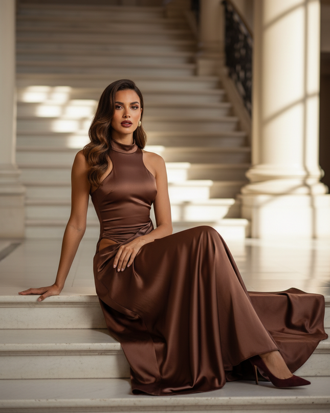 Satin Kleid - Satin Maxikleid Halter Braun - Cutout Schokolade - Ansicht 5