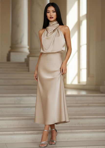 Satin Kleid - Satin Maxikleid Halter Champagner - Maxi Satin Kleid - Ansicht 1