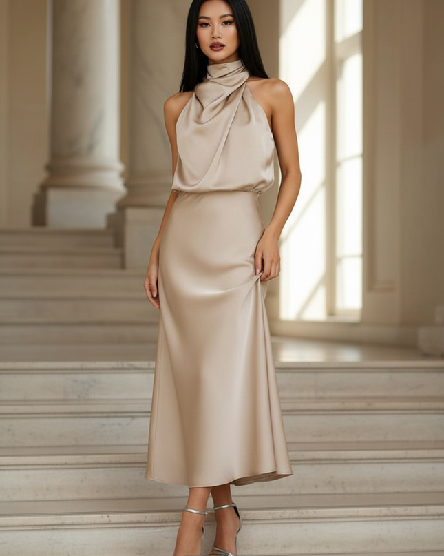 Satin Kleid - Satin Maxikleid Halter Champagner - Maxi Satin Kleid - Ansicht 1