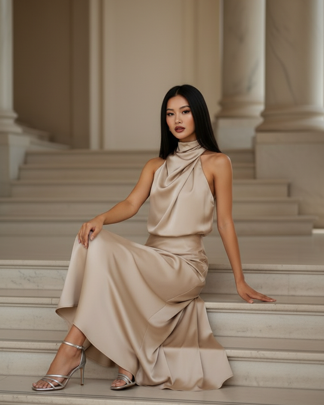 Satin Kleid - Satin Maxikleid Halter Champagner - Maxi Satin Kleid - Ansicht 5
