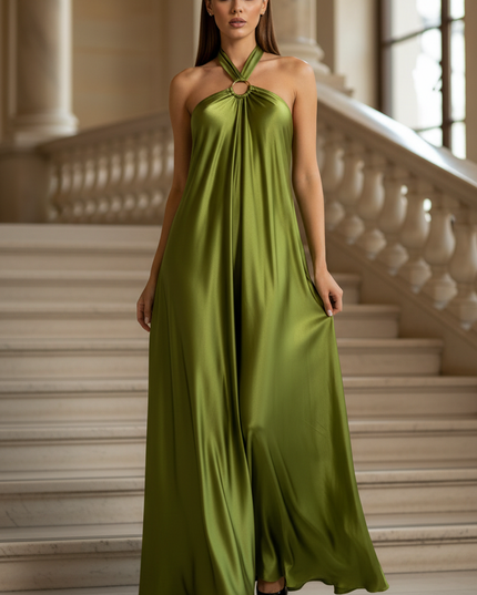 Satin Kleid - Satin Maxikleid Halter Gruen - Fliessend & Elegant - Ansicht 1