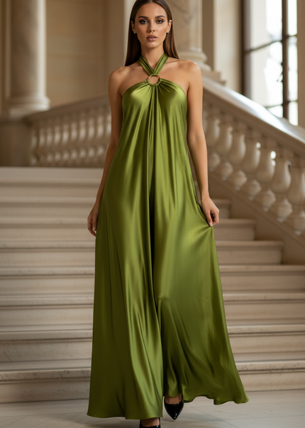 Satin Kleid - Satin Maxikleid Halter Gruen - Fliessend & Elegant - Ansicht 1