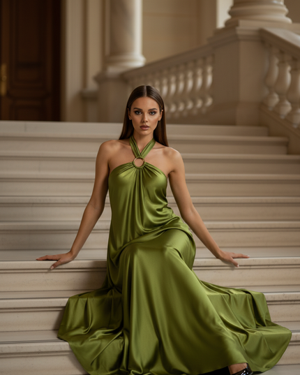 Satin Kleid - Satin Maxikleid Halter Gruen - Fliessend & Elegant - Ansicht 5