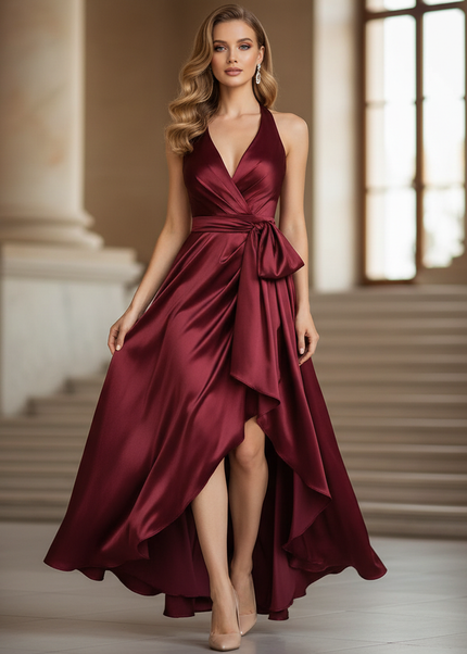 Satin Kleid - Satin Maxikleid Halter Rot - Bordeaux Rueschen Maxi - Ansicht 1