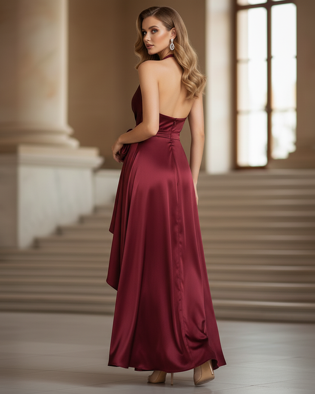 Satin Kleid - Satin Maxikleid Halter Rot - Bordeaux Rueschen Maxi - Ansicht 2