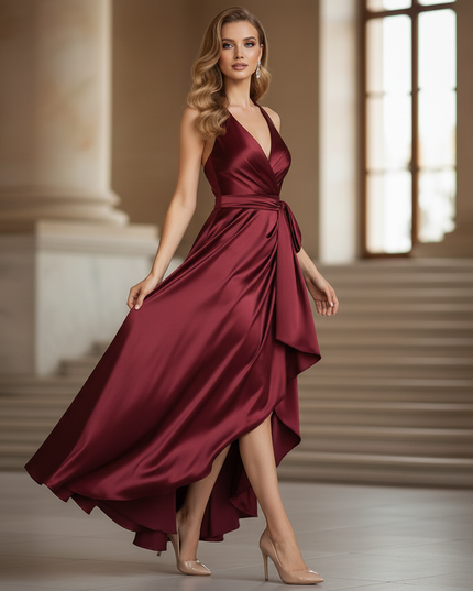 Satin Kleid - Satin Maxikleid Halter Rot - Bordeaux Rueschen Maxi - Ansicht 3