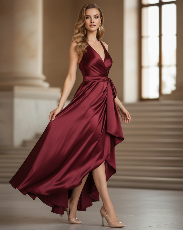 Satin Kleid - Satin Maxikleid Halter Rot - Bordeaux Rueschen Maxi - Ansicht 3