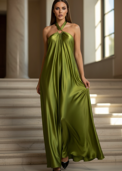 Satin Kleid - Satin Maxikleid Khaki - Halter Neck Hollow - Ansicht 1