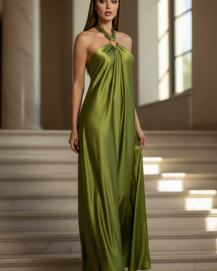 Satin Kleid - Satin Maxikleid Khaki - Halter Neck Hollow - Ansicht 3