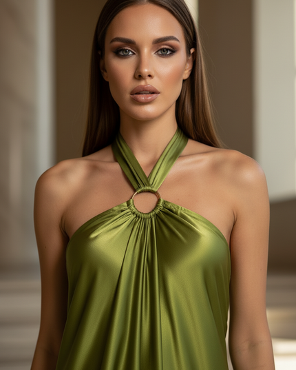 Satin Kleid - Satin Maxikleid Khaki - Halter Neck Hollow - Ansicht 4