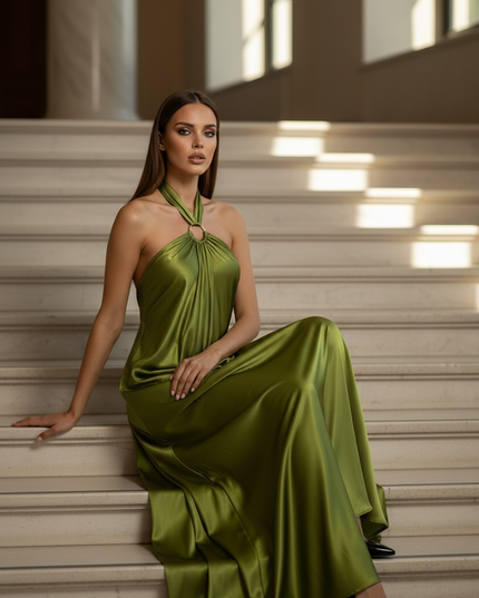 Satin Kleid - Satin Maxikleid Khaki - Halter Neck Hollow - Ansicht 5
