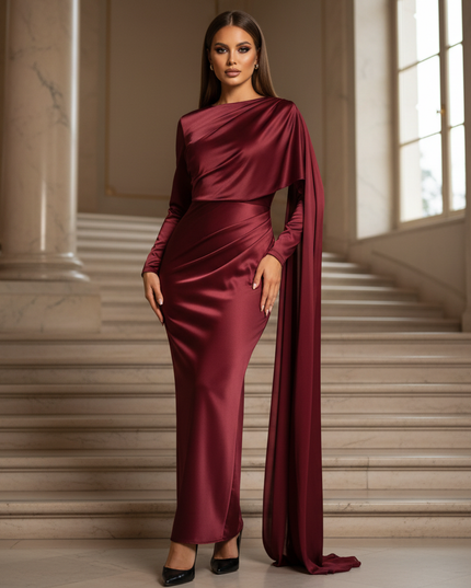 Satin Kleid - Satin Maxikleid Langarm Bordeaux - Cape-Style - Ansicht 1