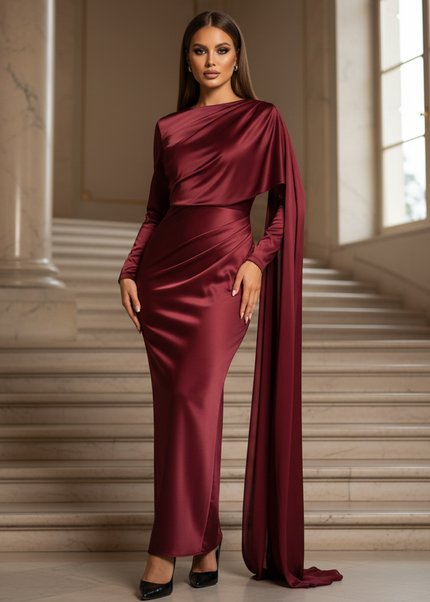 Satin Kleid - Satin Maxikleid Langarm Bordeaux - Cape-Style - Ansicht 1