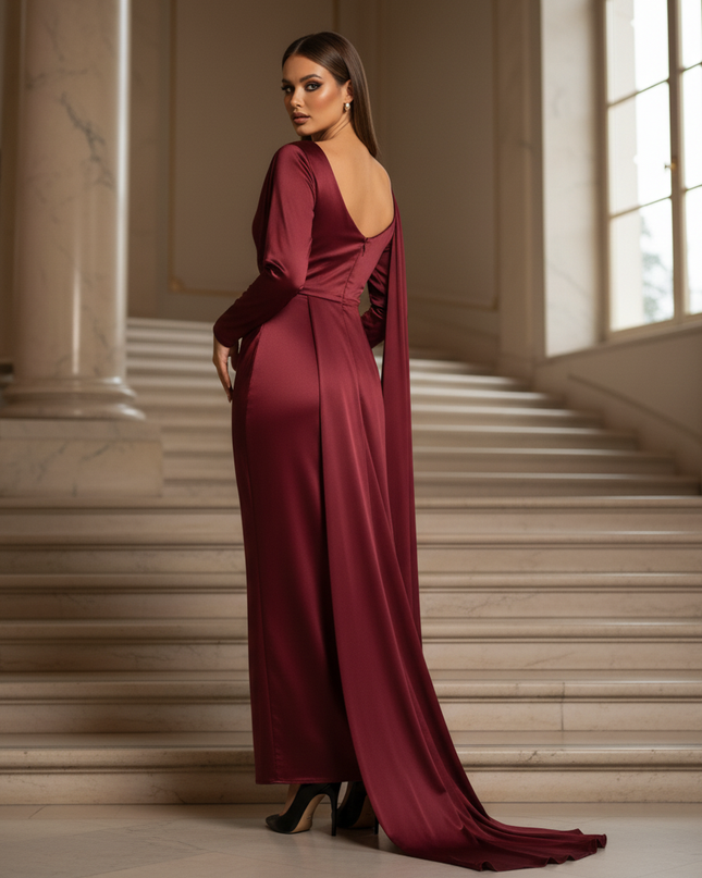 Satin Kleid - Satin Maxikleid Langarm Bordeaux - Cape-Style - Ansicht 2