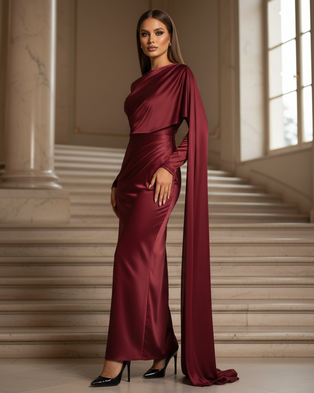 Satin Kleid - Satin Maxikleid Langarm Bordeaux - Cape-Style - Ansicht 3