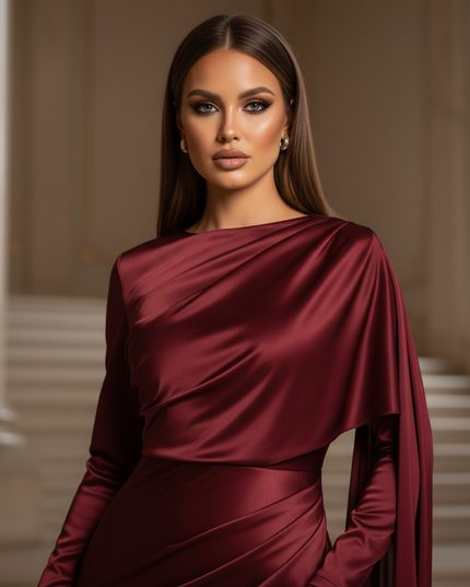 Satin Kleid - Satin Maxikleid Langarm Bordeaux - Cape-Style - Ansicht 4