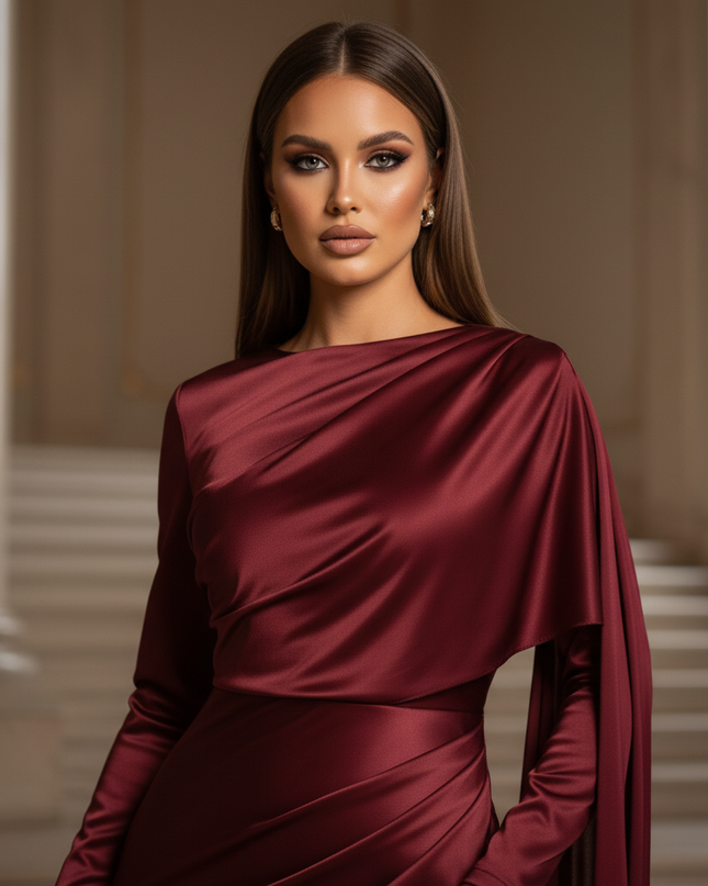 Satin Kleid - Satin Maxikleid Langarm Bordeaux - Cape-Style - Ansicht 4