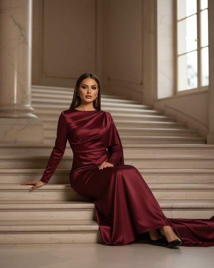 Satin Kleid - Satin Maxikleid Langarm Bordeaux - Cape-Style - Ansicht 5
