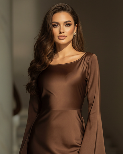 Satin Kleid - Satin Maxikleid Langarm Braun - Bodycon Schlitz Maxi - Ansicht 4