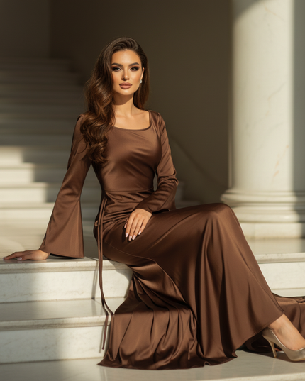 Satin Kleid - Satin Maxikleid Langarm Braun - Bodycon Schlitz Maxi - Ansicht 5