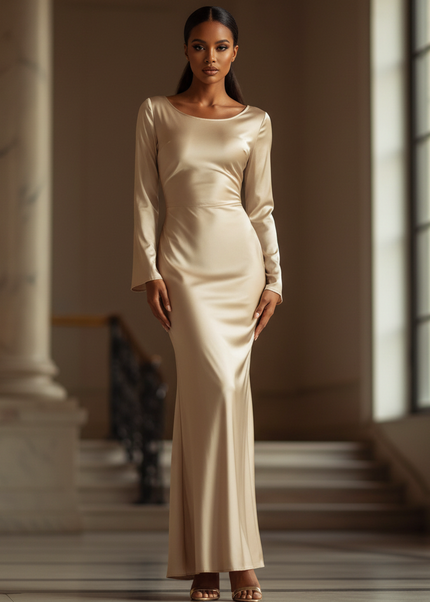 Satin Kleid - Satin Maxikleid Langarm Champagner - Bodycon Maxi - Ansicht 1