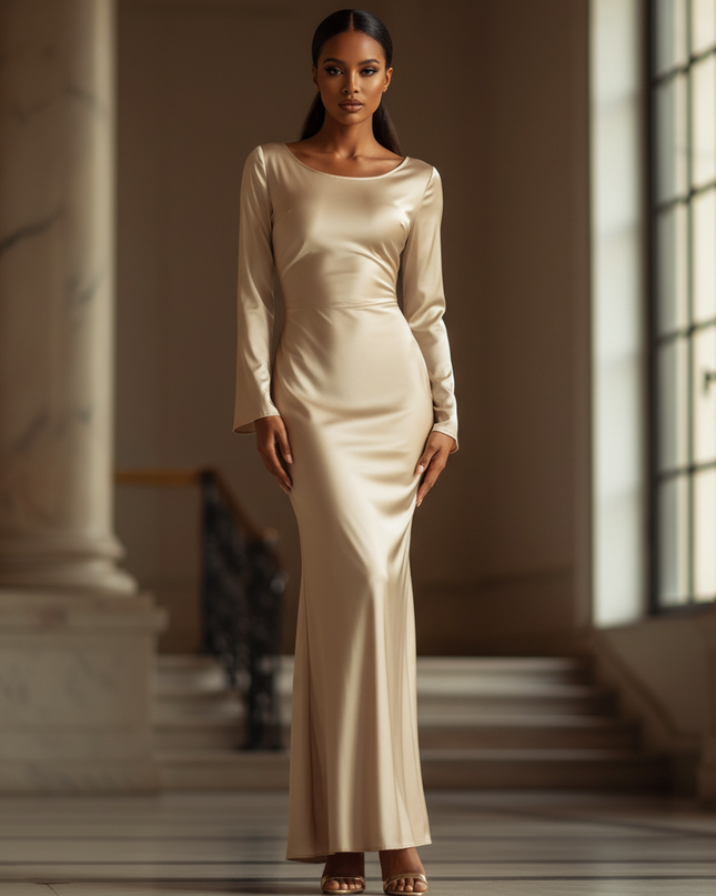 Satin Kleid - Satin Maxikleid Langarm Champagner - Bodycon Maxi - Ansicht 1