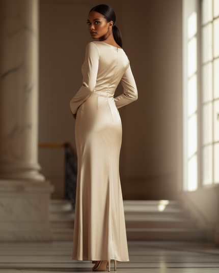 Satin Kleid - Satin Maxikleid Langarm Champagner - Bodycon Maxi - Ansicht 2