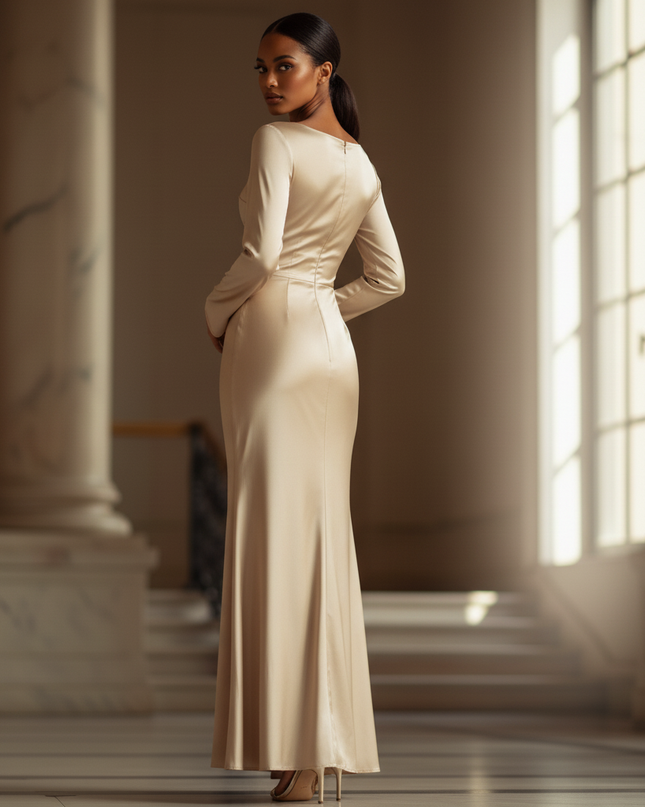 Satin Kleid - Satin Maxikleid Langarm Champagner - Bodycon Maxi - Ansicht 2
