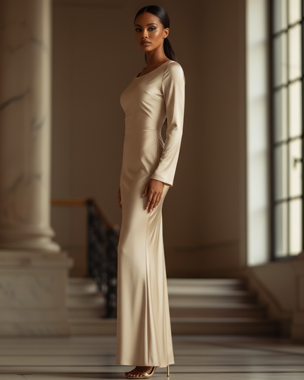 Satin Kleid - Satin Maxikleid Langarm Champagner - Bodycon Maxi - Ansicht 3