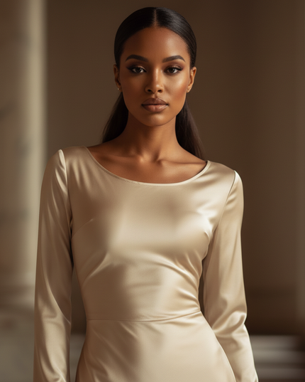 Satin Kleid - Satin Maxikleid Langarm Champagner - Bodycon Maxi - Ansicht 4