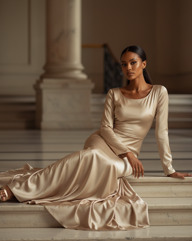 Satin Kleid - Satin Maxikleid Langarm Champagner - Bodycon Maxi - Ansicht 5