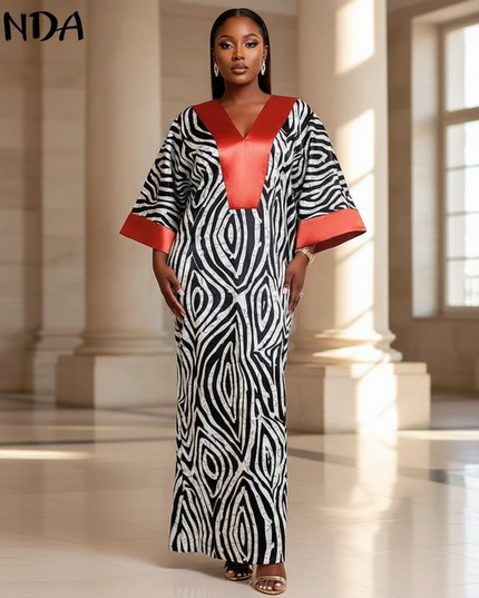 Satin Kleid - Satin Maxikleid Langarm Rot - VONDA Zebra Print - Ansicht 1
